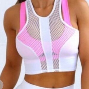 Bombshell Sportswear Pink and White Mesh Sports Bra